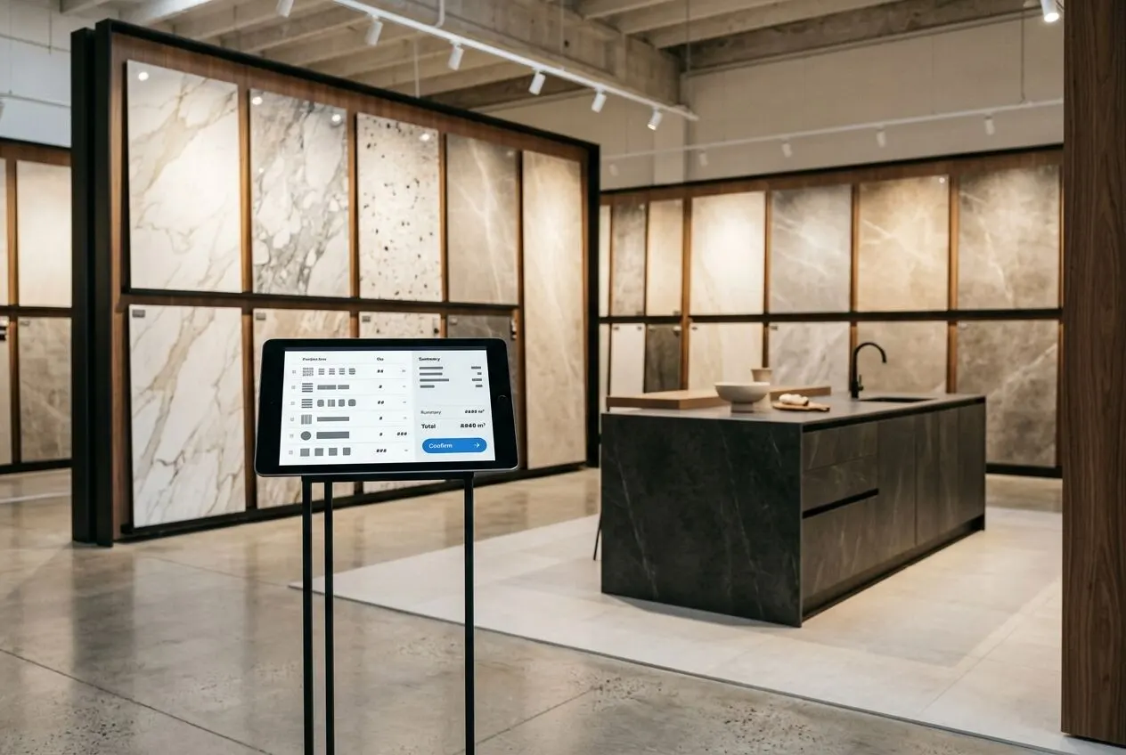 A high-end surfaces showroom with large porcelain slabs, and a tablet in the foreground showing a quotation builder.