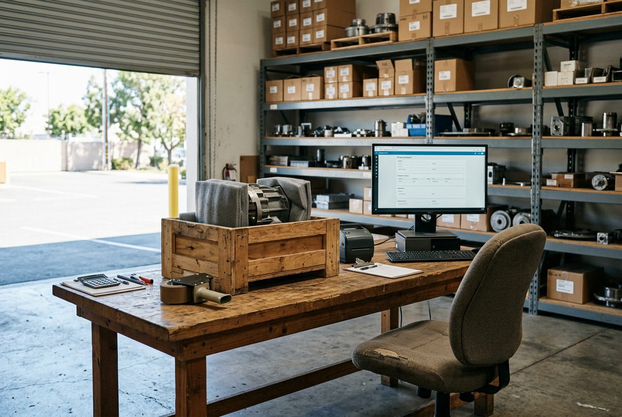 The shipping bench of an equipment service workshop: a wooden crate holding a foam-wrapped machine part, a label printer, and a monitor showing a shipping request form.