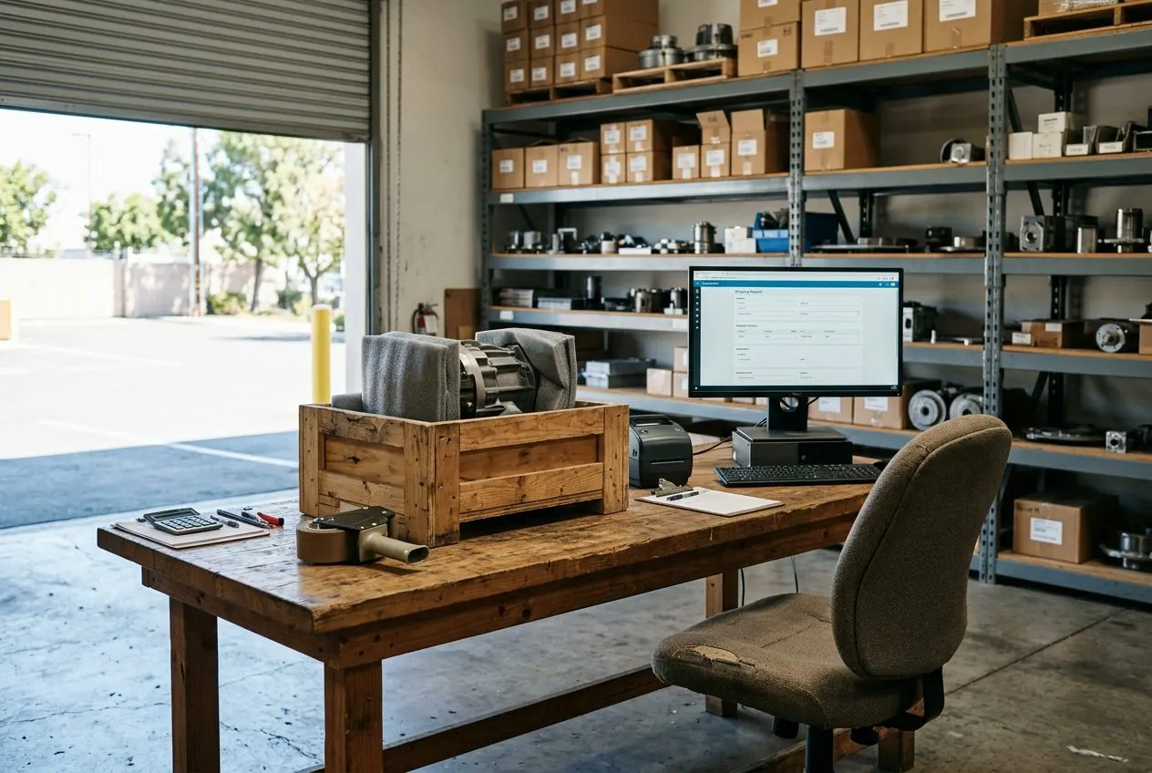 The shipping bench of an equipment service workshop: a wooden crate holding a foam-wrapped machine part, a label printer, and a monitor showing a shipping request form.