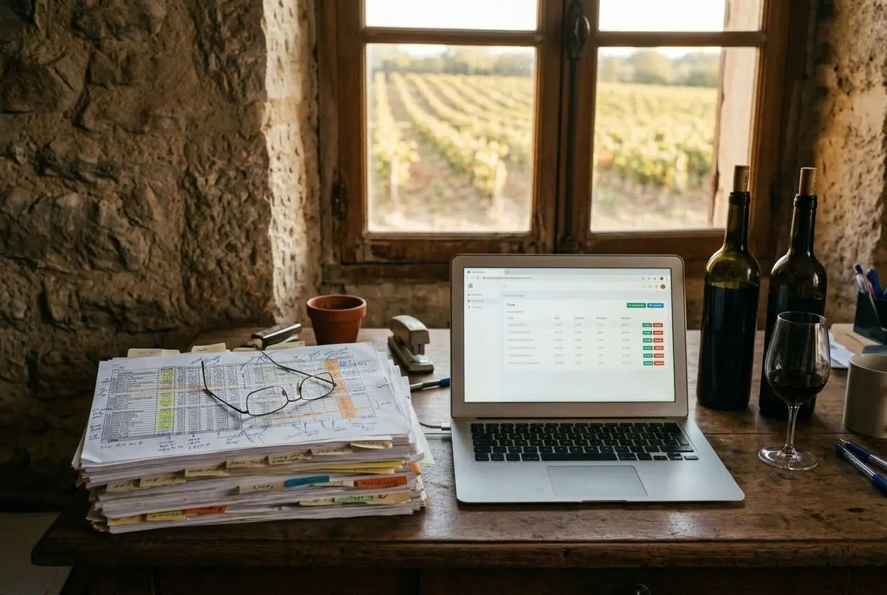 A wine estate office desk: a thick printed pricing spreadsheet full of corrections next to a laptop showing a clean pricing web app, vines outside the window.
