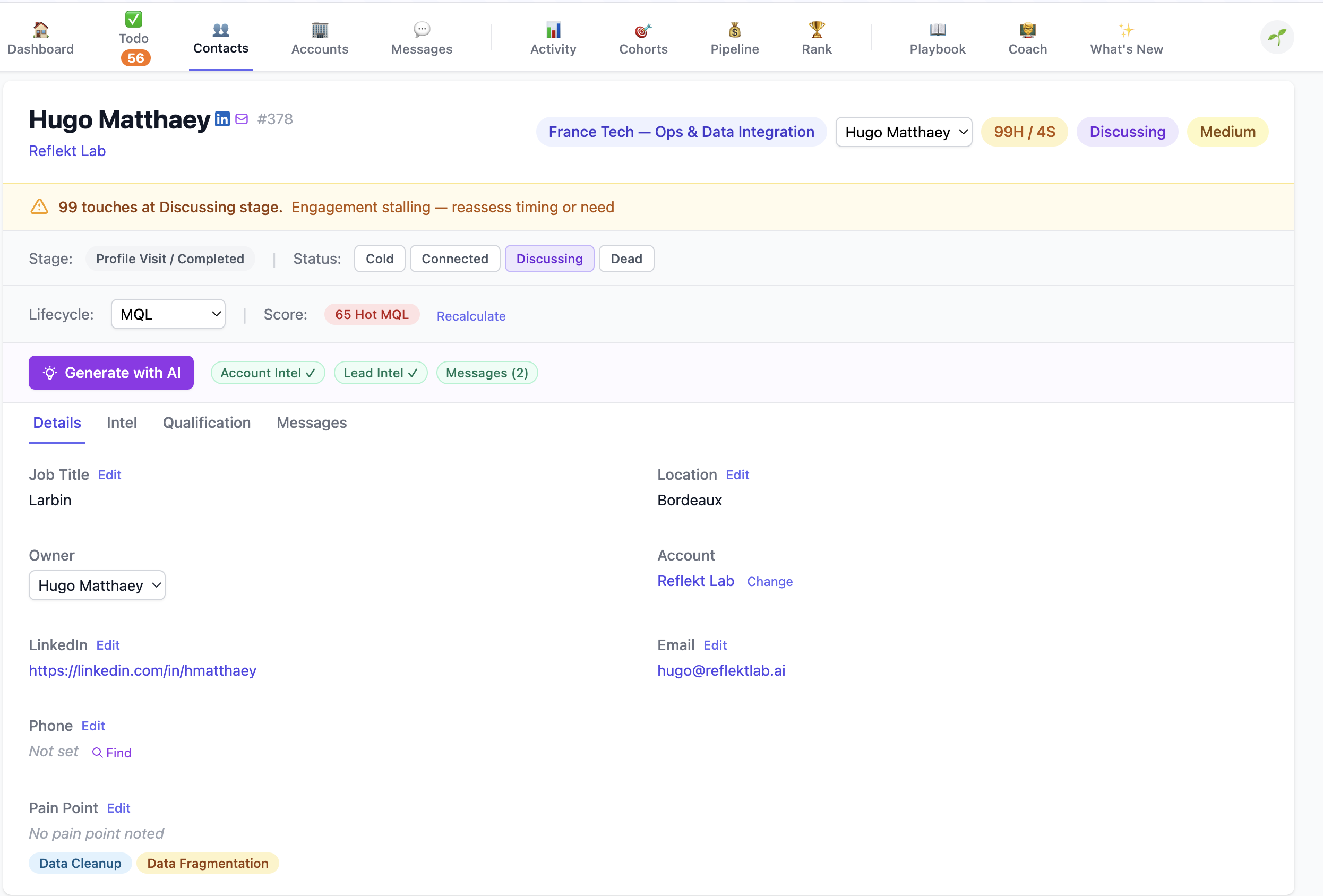 Contact detail page with AI research, lead scoring, and BANT qualification
