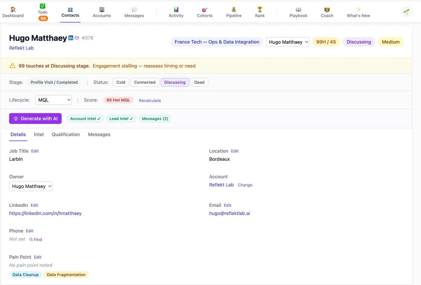 Contact detail page with AI research, lead scoring, and BANT qualification
