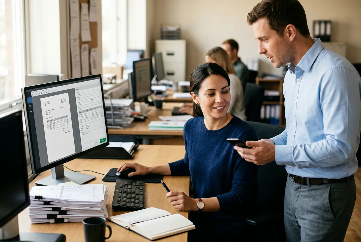 An operations manager approving a record drafted from a scanned purchase order, side by side on her monitor, while a colleague looks on