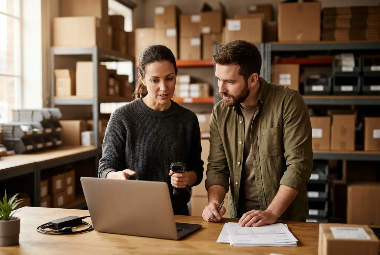 An operations manager and a developer at a warehouse office desk, reviewing a laptop next to a stack of printed invoices and a barcode scanner