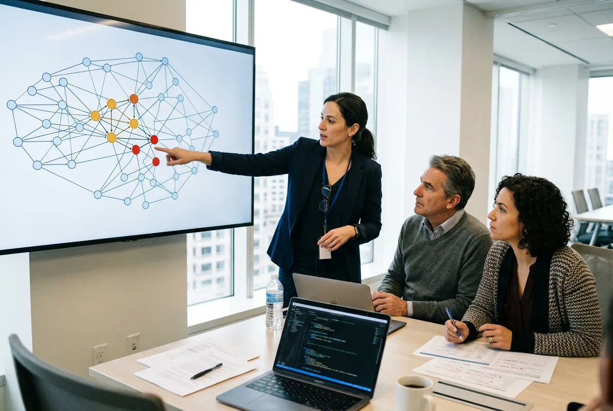 An engineer walking two investors through a system dependency map during a technical due diligence review