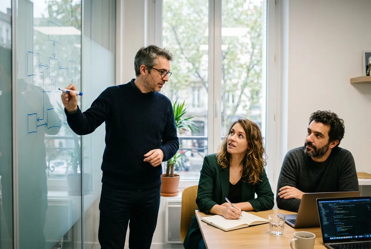 A part-time CTO sketching a system architecture on a glass wall for two company founders