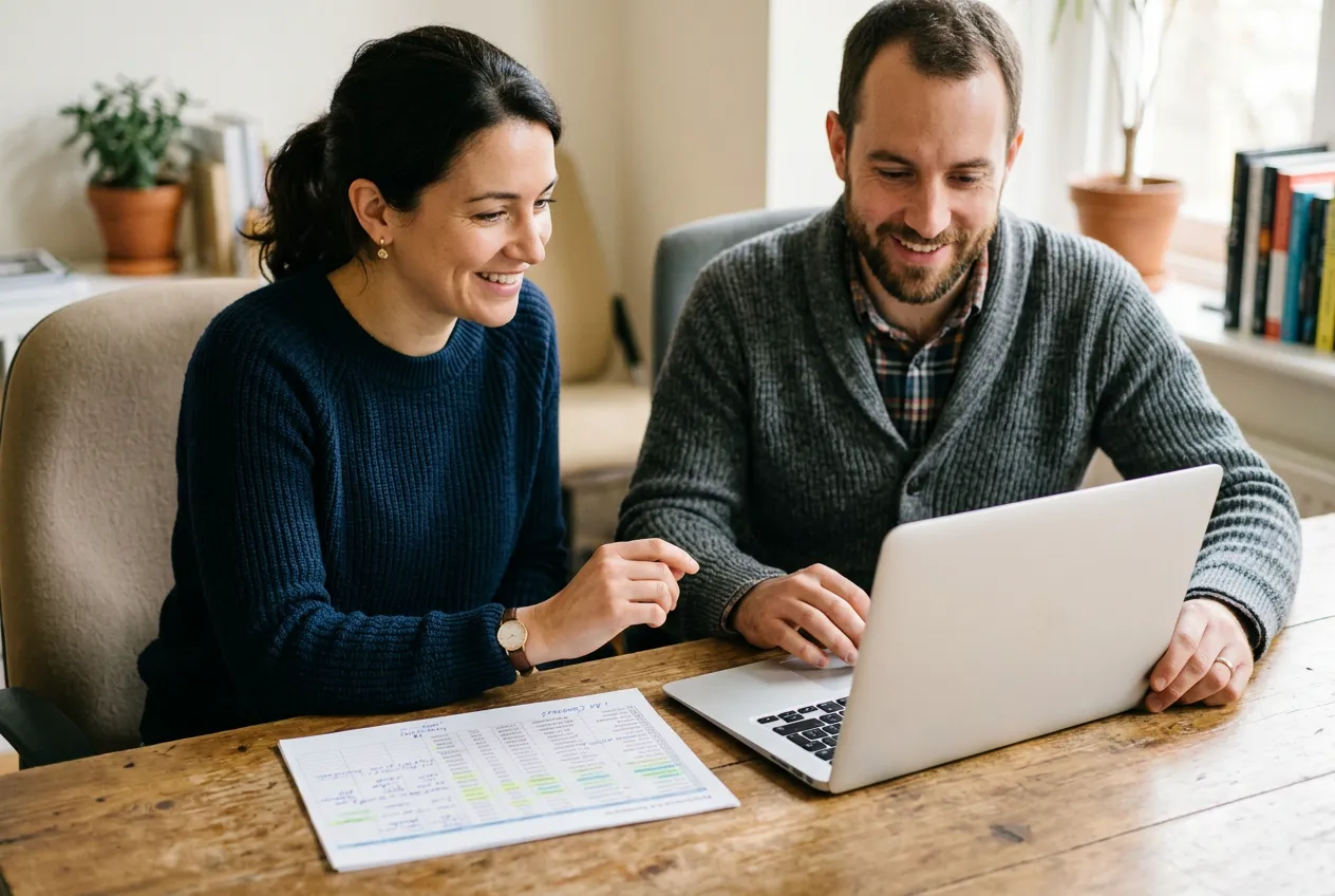 A sales manager and a developer reviewing a pipeline board on a laptop, with a printed contact spreadsheet beside it