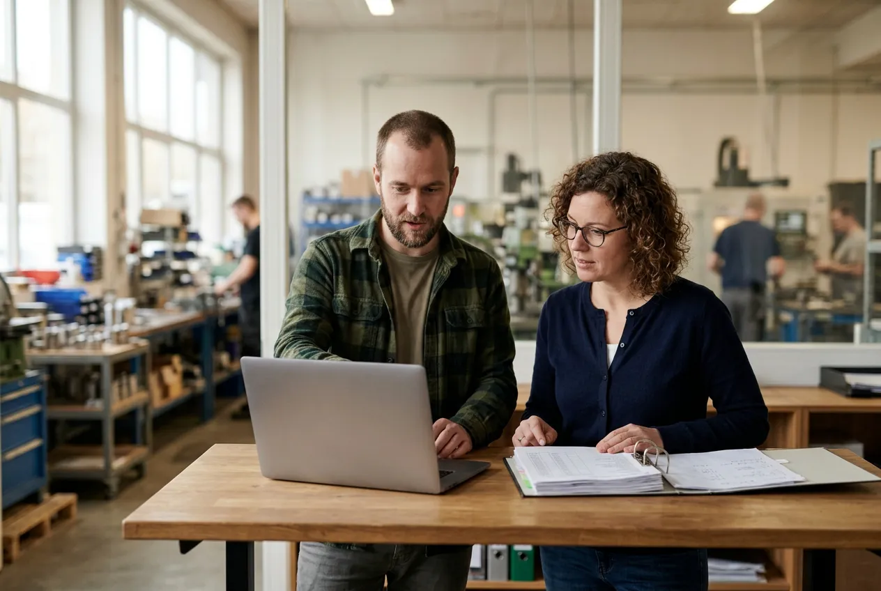 An operations manager and a developer at a desk in a small manufacturing company, comparing an order screen on a laptop with a binder of printed price sheets, the workshop behind a glass partition