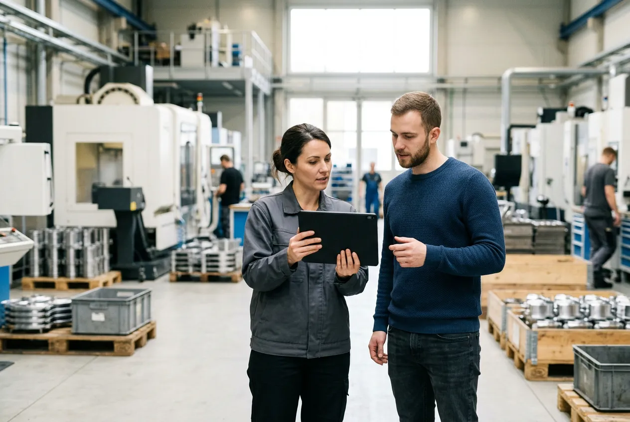 A production planner and a developer on a factory floor reviewing an order schedule on a tablet, machines and pallets of finished parts behind them
