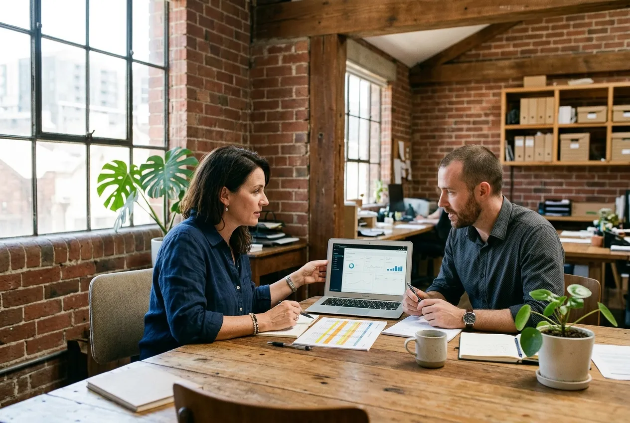 A Sydney business owner and a consultant reviewing a dashboard and a spreadsheet in a converted warehouse office