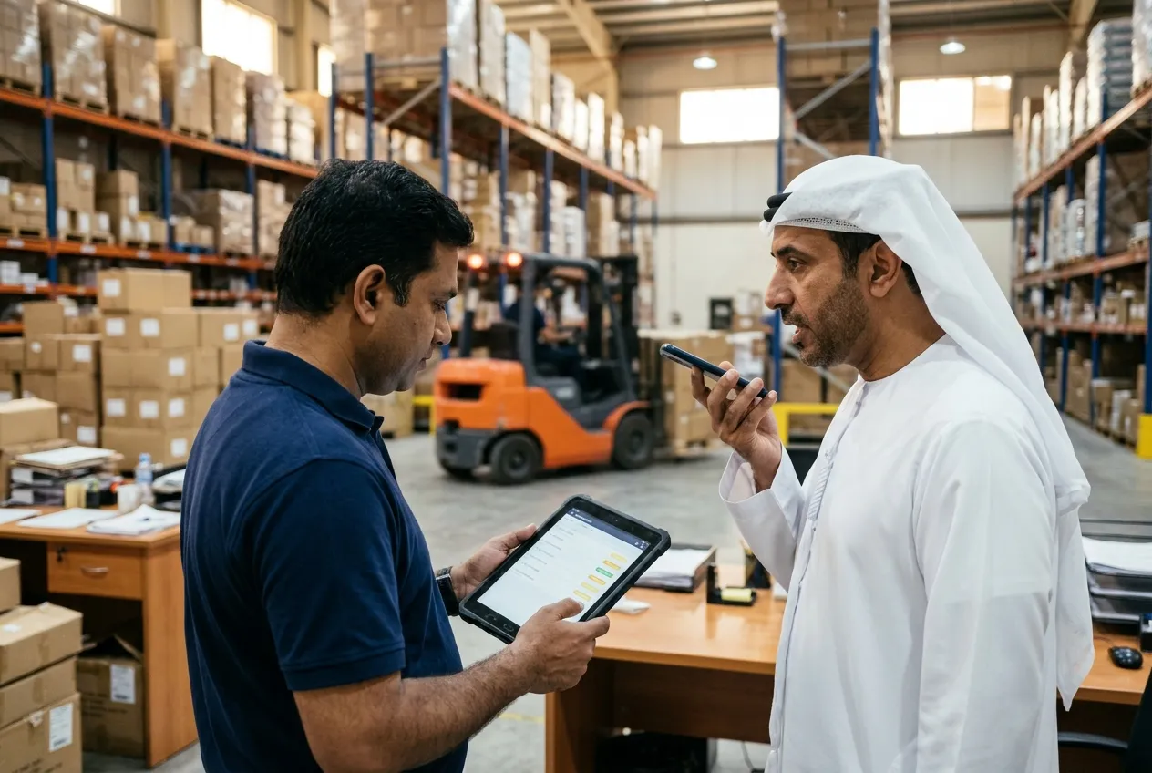 A business owner dictating a voice note while his operations manager checks orders on a tablet in a Dubai warehouse office
