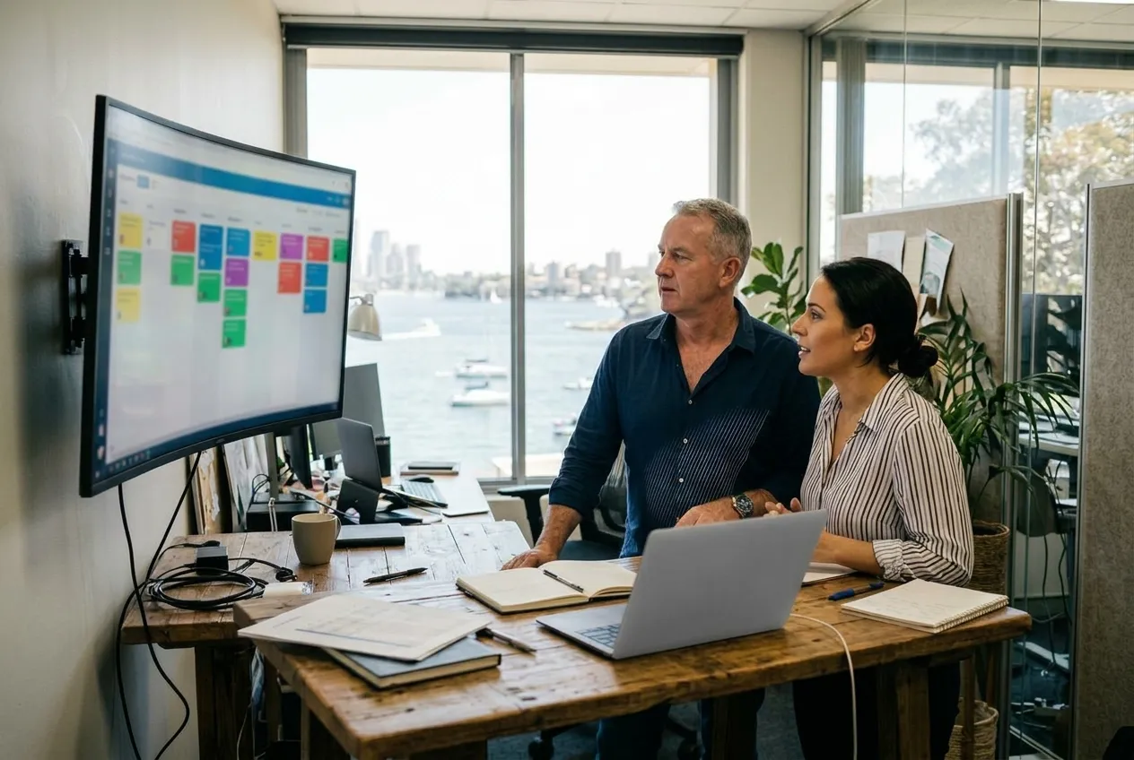 A Sydney business owner and his operations lead reviewing a workflow board on a monitor in an office near the harbour