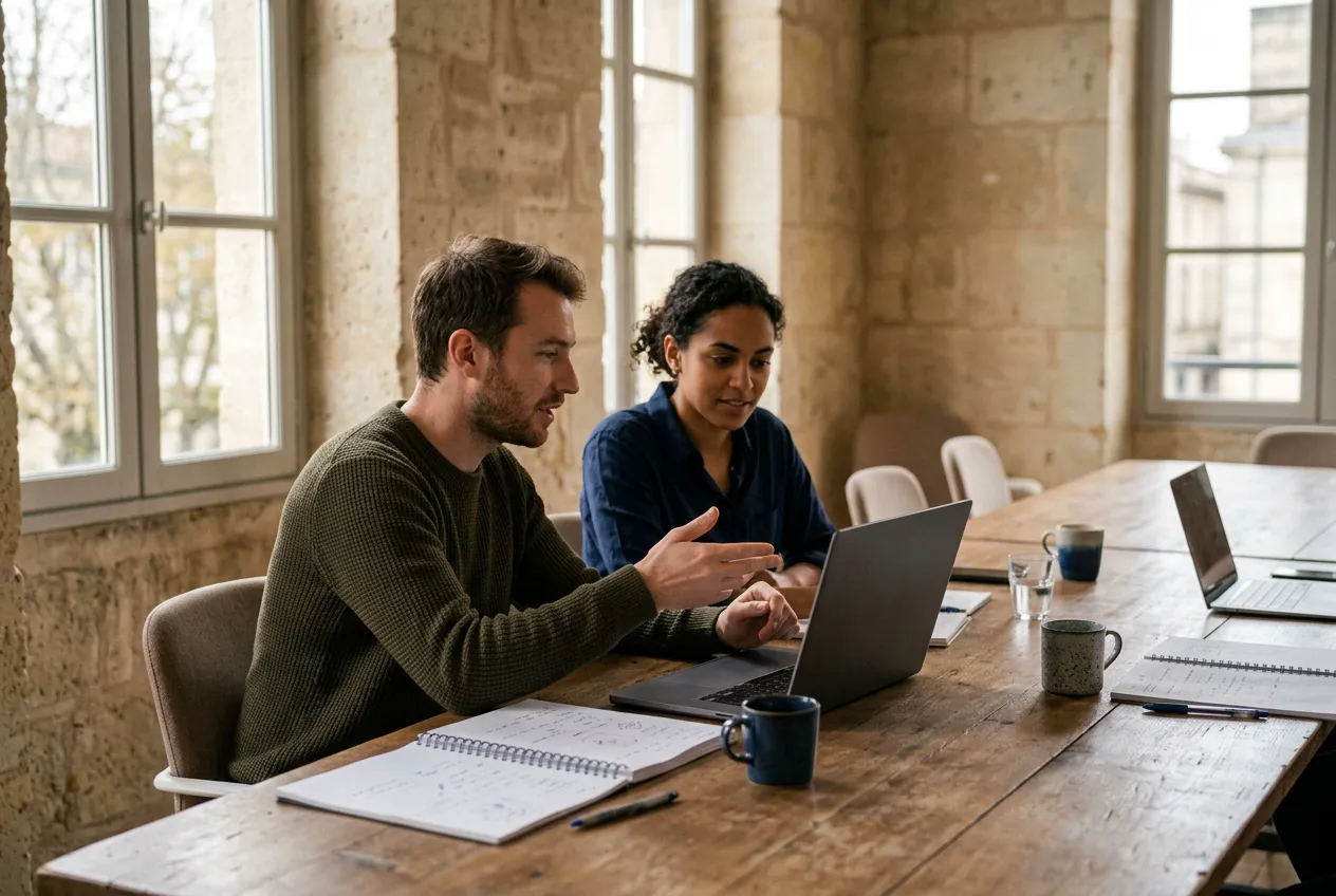 Two engineers in a Bordeaux office, one explaining a point to a client on a call while the other follows on the laptop