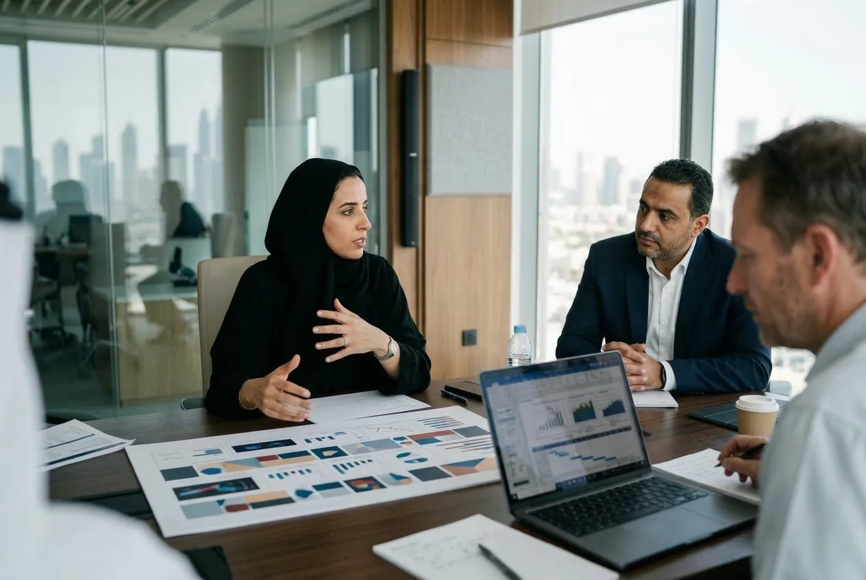 Une dirigeante à Dubaï mène une réunion sur la feuille de route technologique avec un conseiller technique et son responsable informatique