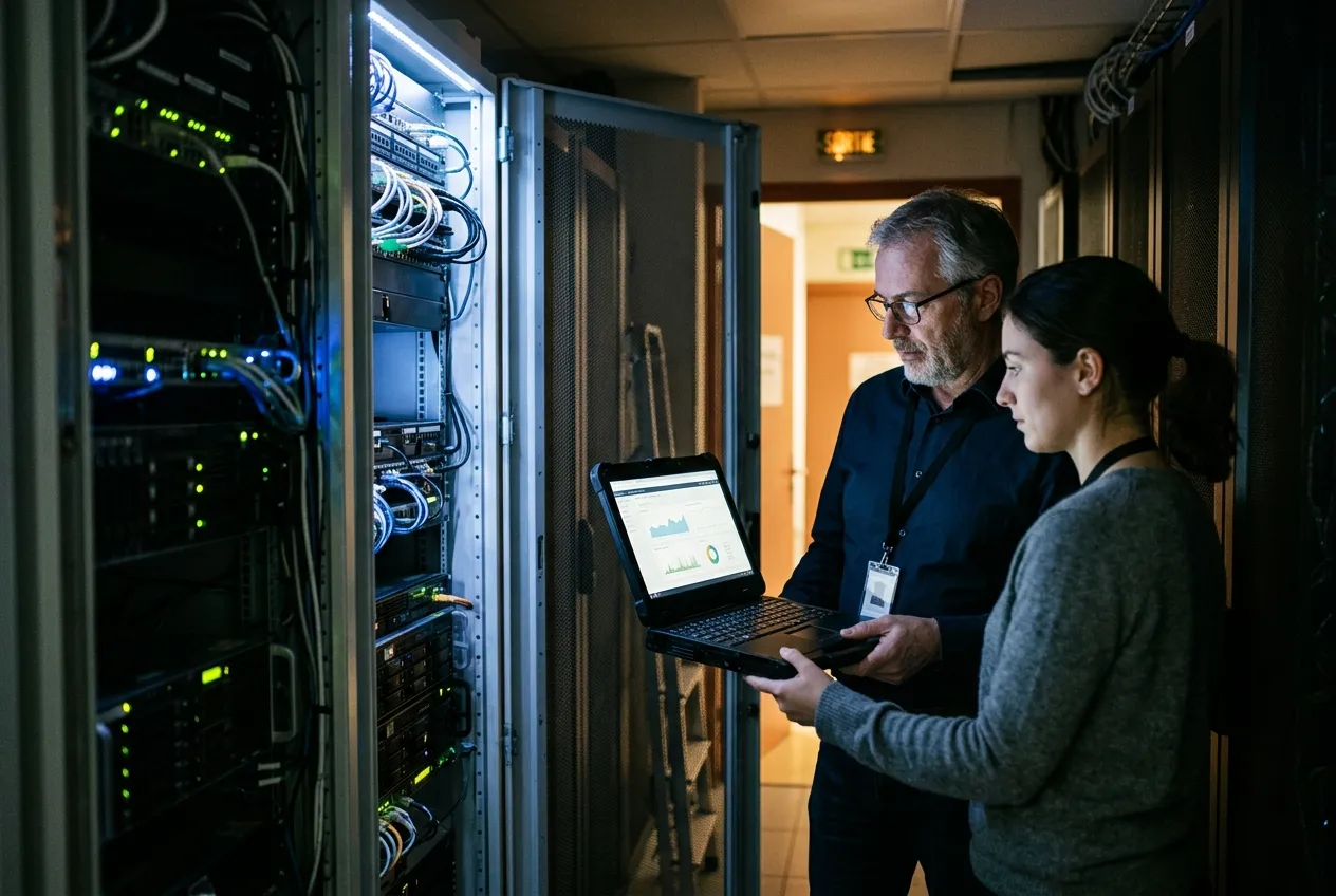 An IT manager and an engineer checking an on-premise AI server rack and its monitoring on a laptop