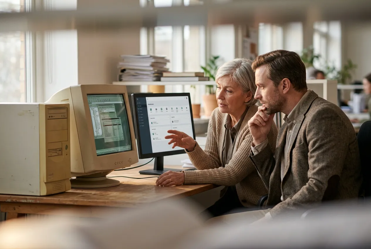 A business owner and a developer comparing an old legacy application on a CRT monitor with its modernized version on a new screen