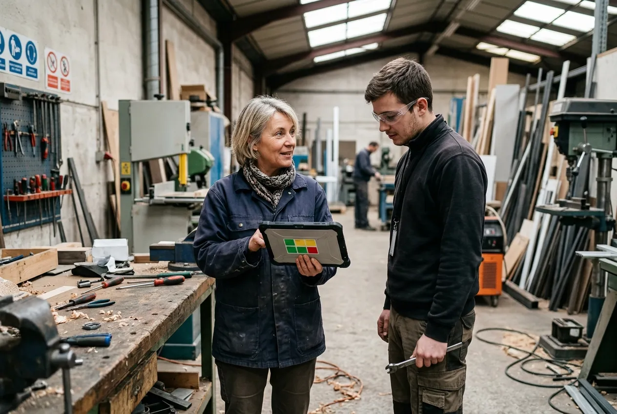 Une responsable de production montre une application de suivi des travaux sur tablette à un technicien, dans l'atelier