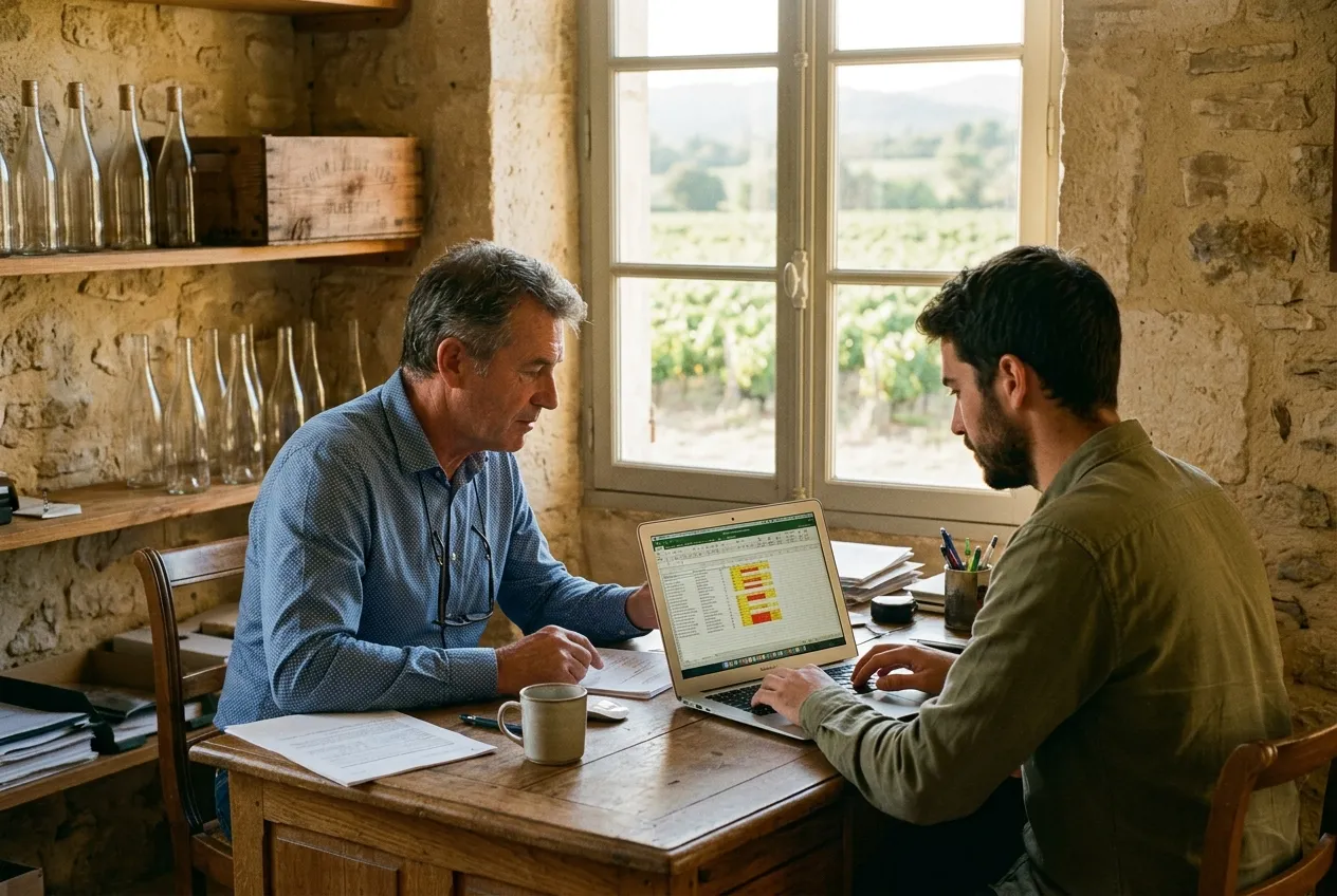A wine estate's commercial manager and a data consultant cleaning the product catalogue on a laptop in the estate office