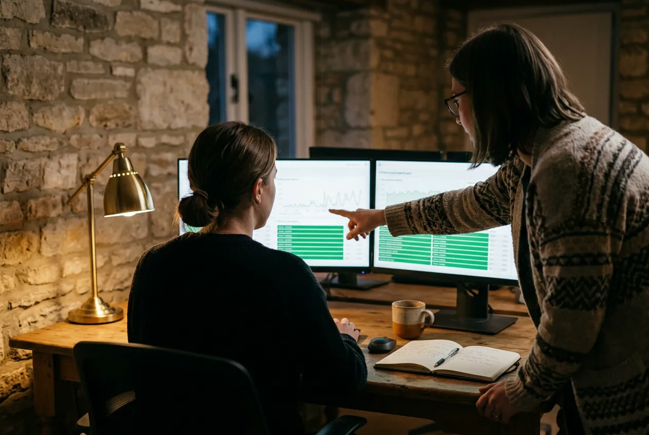 Two engineers reviewing an infrastructure monitoring dashboard on two monitors in the evening