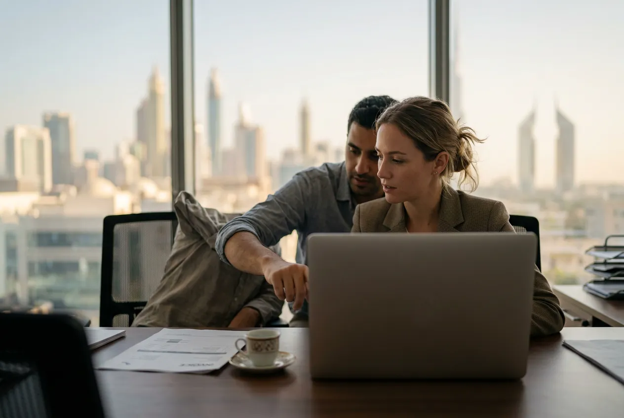A finance manager in a Dubai office reviewing invoices on her laptop while an integration engineer beside her points out a line