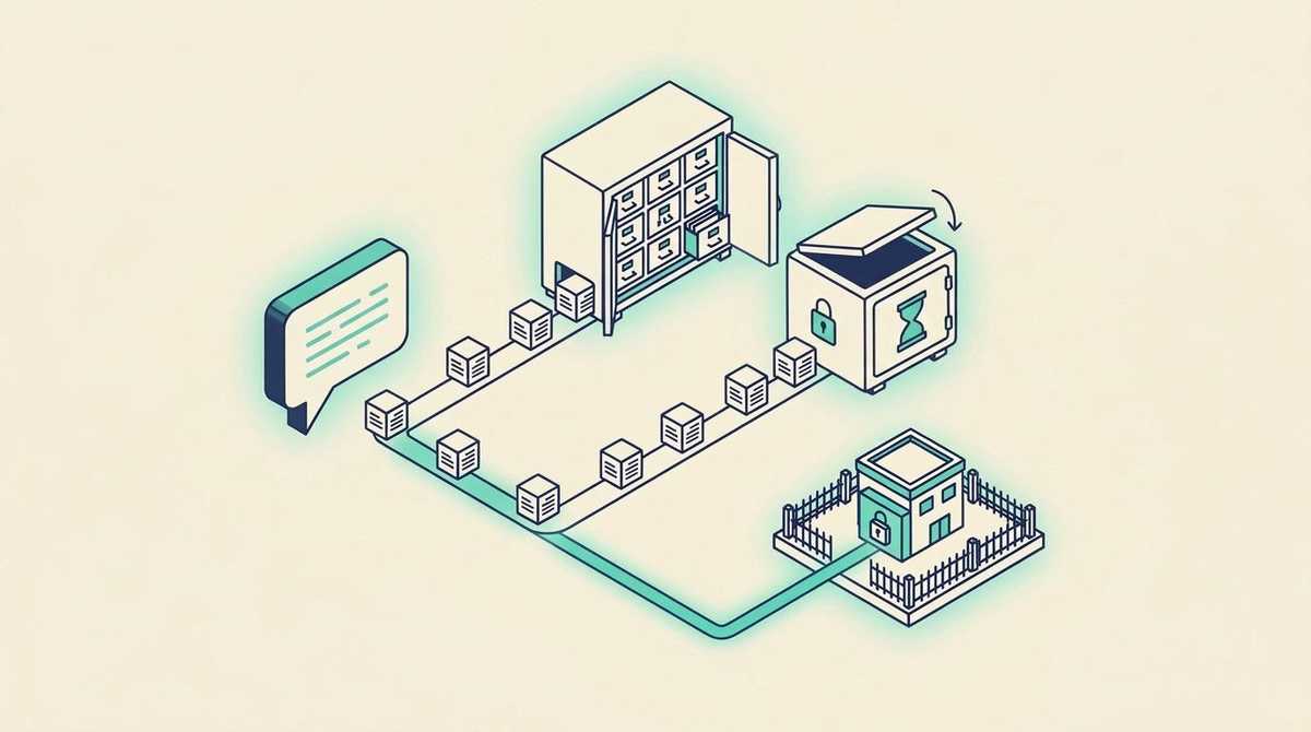 A chat bubble sending documents along three paths: into a large open filing vault, into a safe that is closing on a timer, and into a small locked box inside a fenced company building