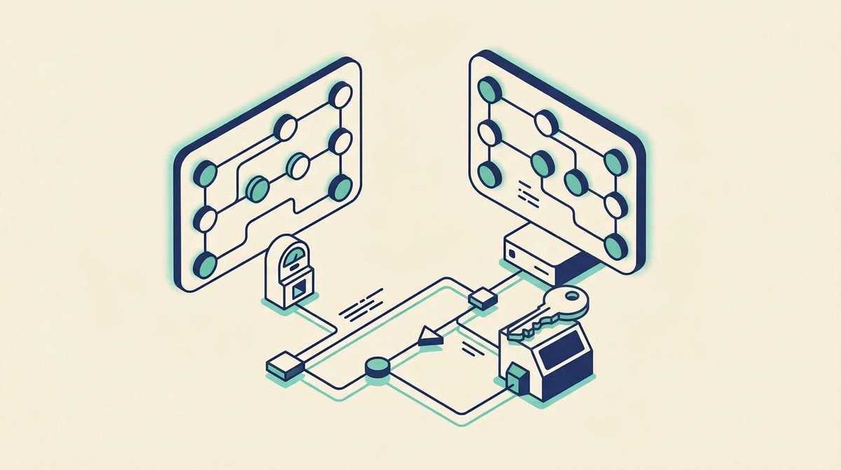 Two workflow boards of connected nodes, one mounted on a coin meter and one on a small server with a key, with a path leading to a solid code machine in front