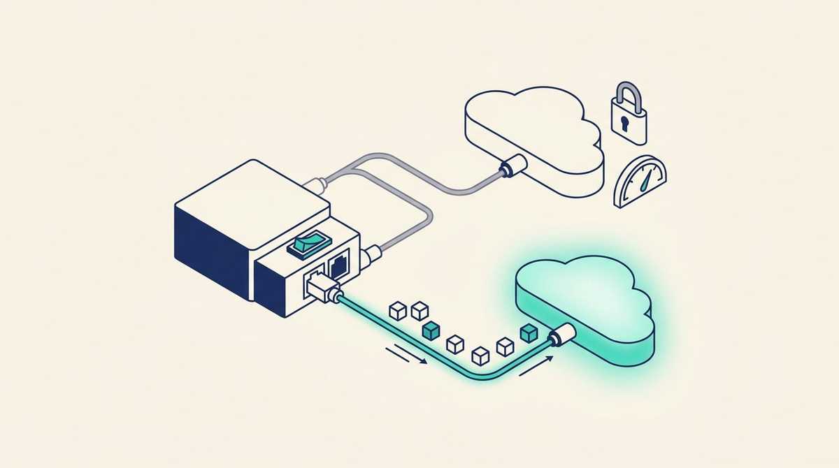 An application server connected to two AI model clouds: one cable leads to a locked, stopped cloud, the other glows and carries requests to a working one