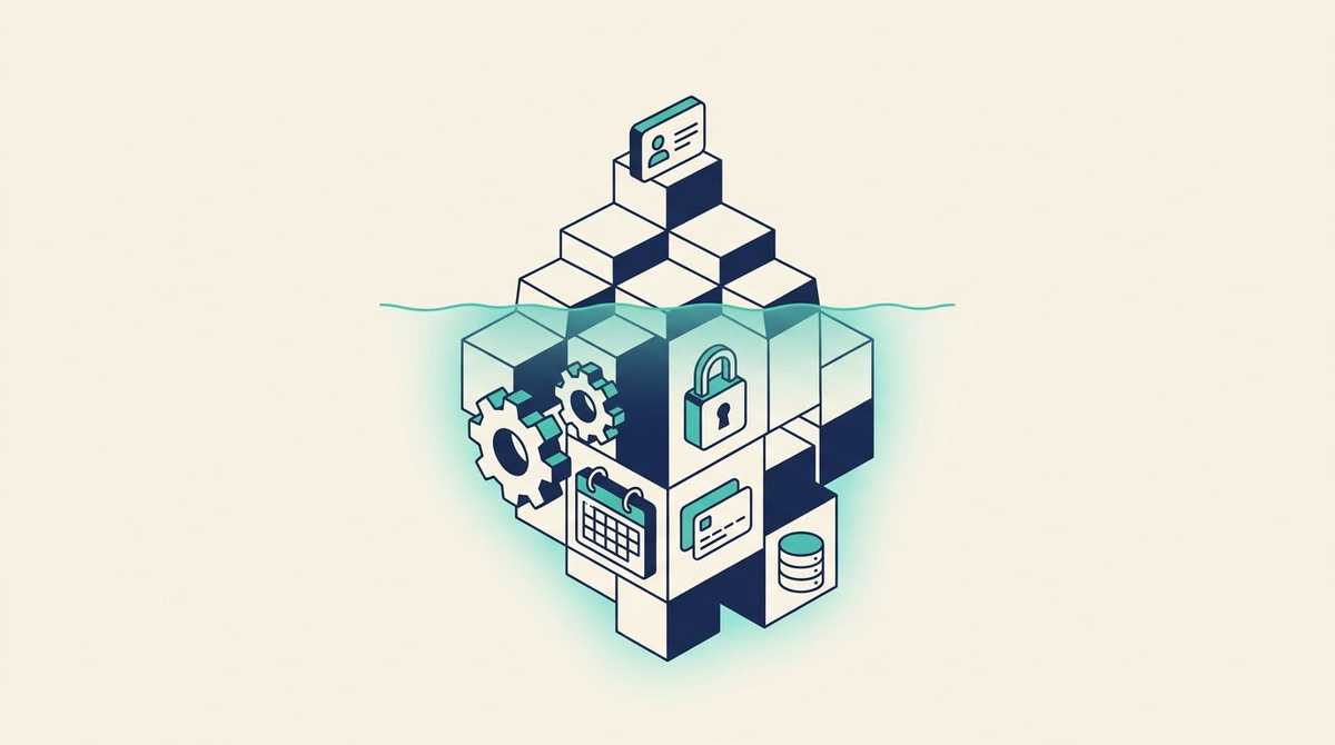 An iceberg of navy blocks: one small contact card above the waterline, and gears, a padlock, a calendar, duplicate cards and a database below it