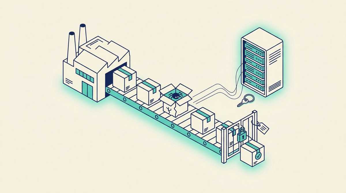A conveyor belt carrying software packages from a factory to a server, one box cracked open with a small spider-like device reaching for a set of keys, and a locked gate at the end letting only a sealed, tagged box through