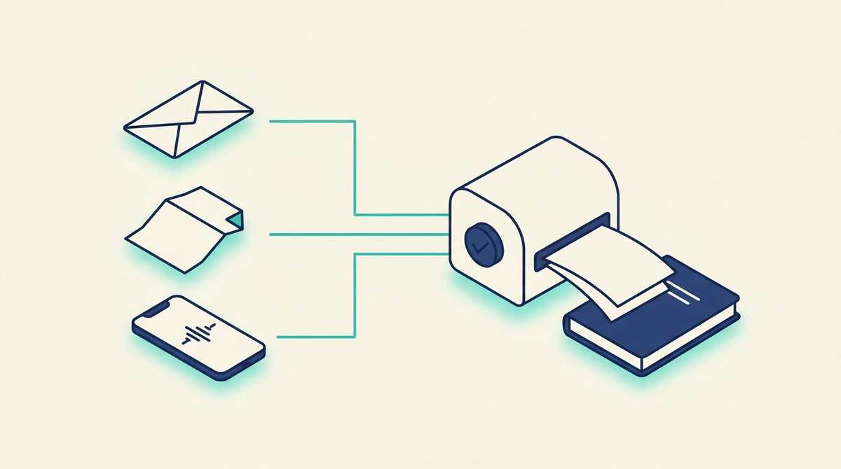 An envelope, a paper and a phone with a sound wave flowing into a machine with a checkmark that stacks sheets onto a ledger