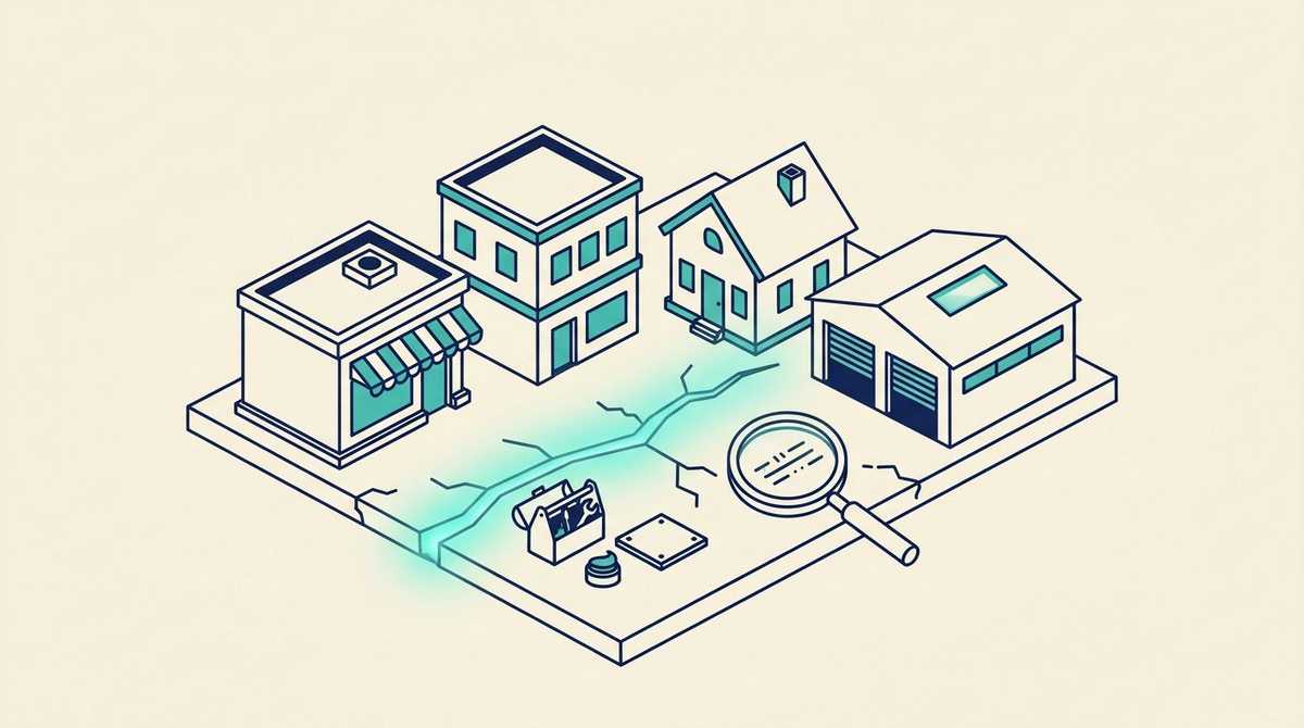 Four different small buildings, a shop, an office, a house and a warehouse, all standing on the same concrete slab with a glowing crack through it, a toolbox with a patch plate and a magnifying glass over a date mark