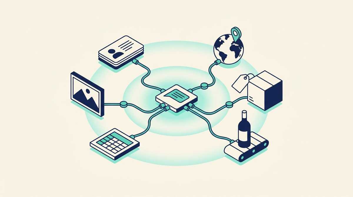 A chat panel at the center, wired through small checkpoints to a contact stack, a globe, a priced box, a wine bottle on a conveyor, a spreadsheet and a picture frame