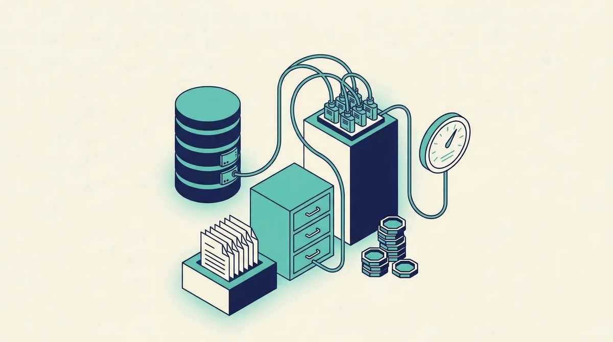 An isometric server block cabled to a database, a filing cabinet and a stack of documents, next to a stack of coins and a gauge
