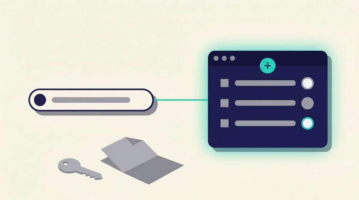 A pasted address bar wired into a connectors panel with a plus button and a newly enabled row, beside a discarded key and config file