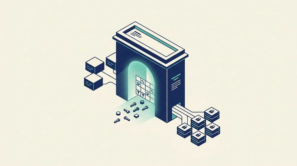A gateway arch receiving connections from several assistant hubs on one side and fanning out to locked servers on the other, with a filter grid sorting tool tokens inside