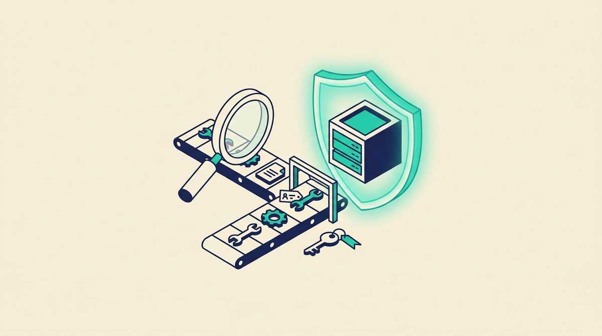 Tools on a conveyor pass under a magnifying glass, and one carrying a hidden extra tag is stopped at a gate before a server inside a teal shield