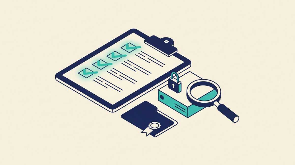 A clipboard with checked items beside a padlocked server, a sealed folder and a magnifying glass