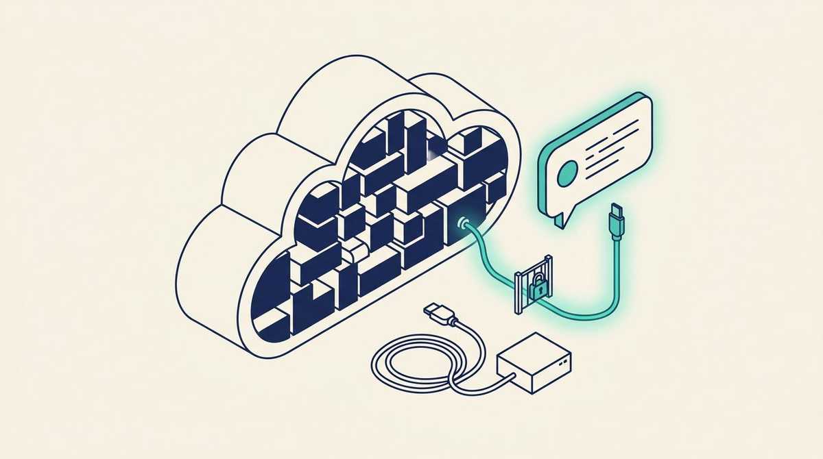 A CRM cloud of navy blocks connected by a teal cable through a padlocked gate to a chat panel, with an unplugged cable coiled beside a small server