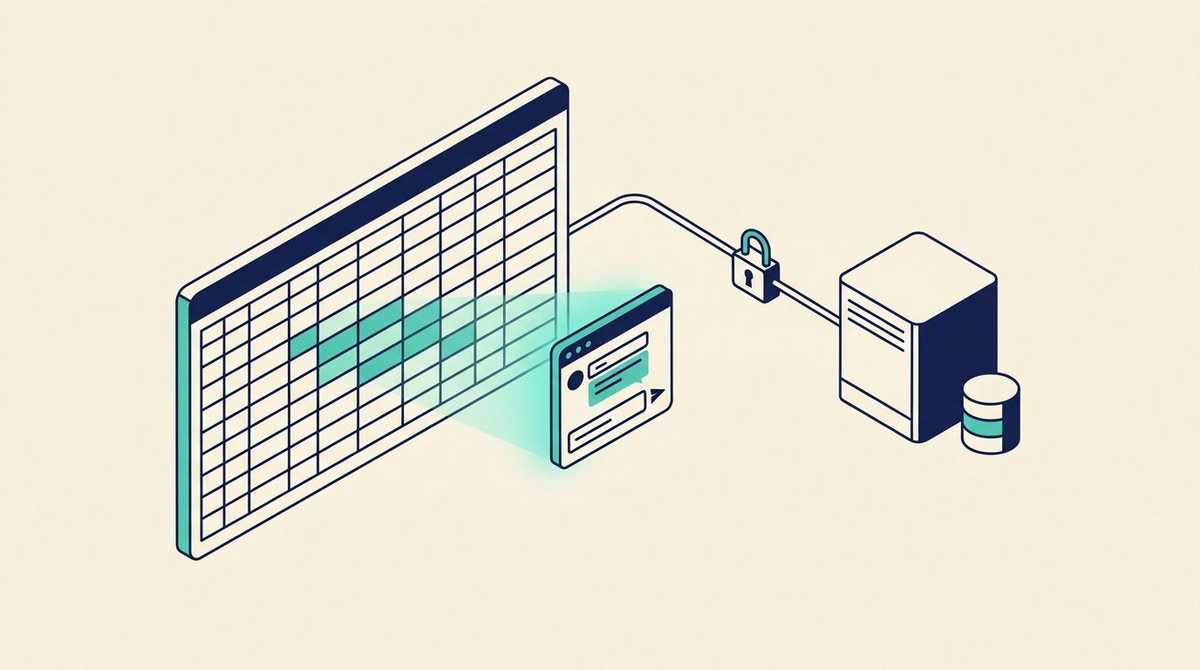 A spreadsheet grid with a chat panel docked to its side, and a cable from the grid through a padlocked gate to a server and a database