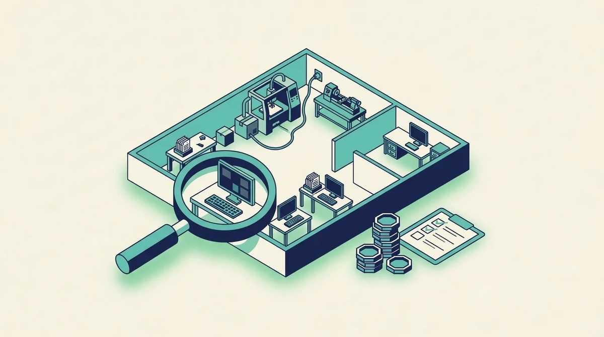 Une loupe posée sur le plan isométrique d'une entreprise, atelier, machines et bureaux, grossissant un poste de travail, à côté d'une petite pile de pièces et d'une liste à moitié cochée