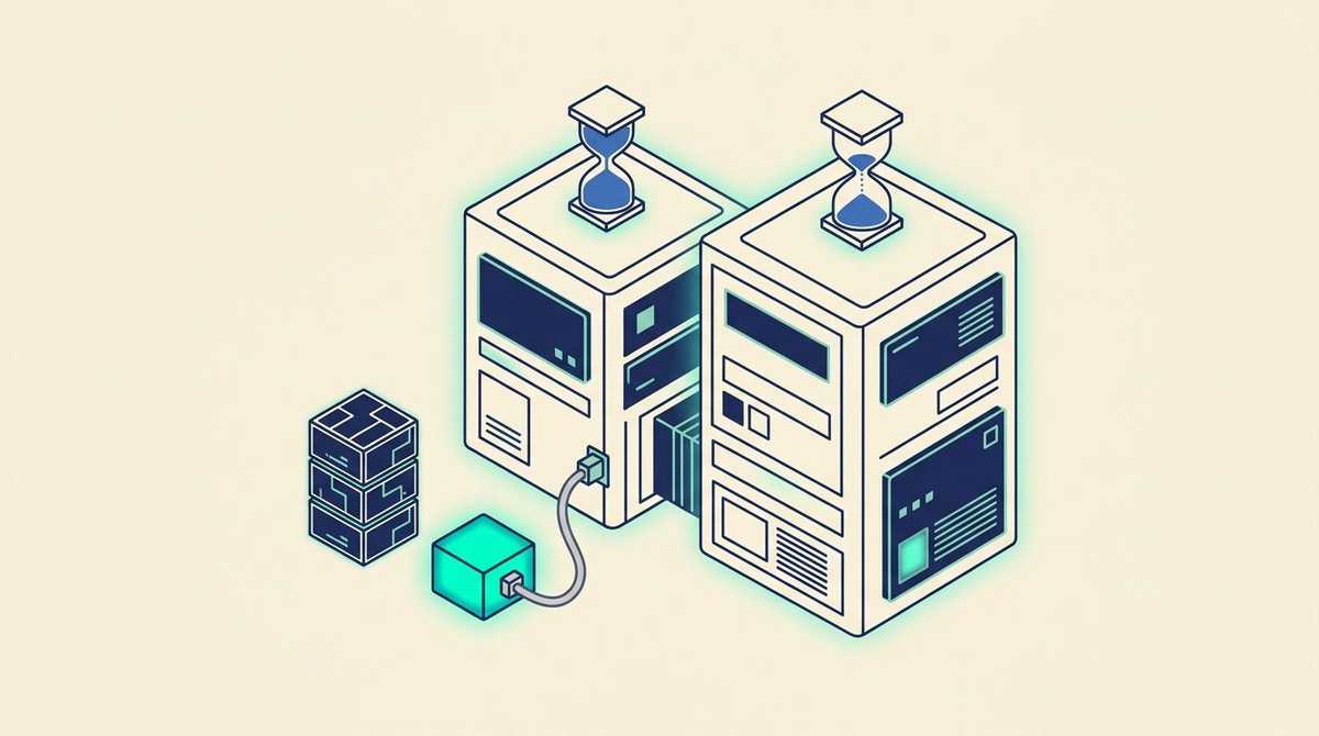 Two large ERP machines with hourglasses on top, one nearly empty, while a small glowing module is connected to the side of one machine and more modules wait