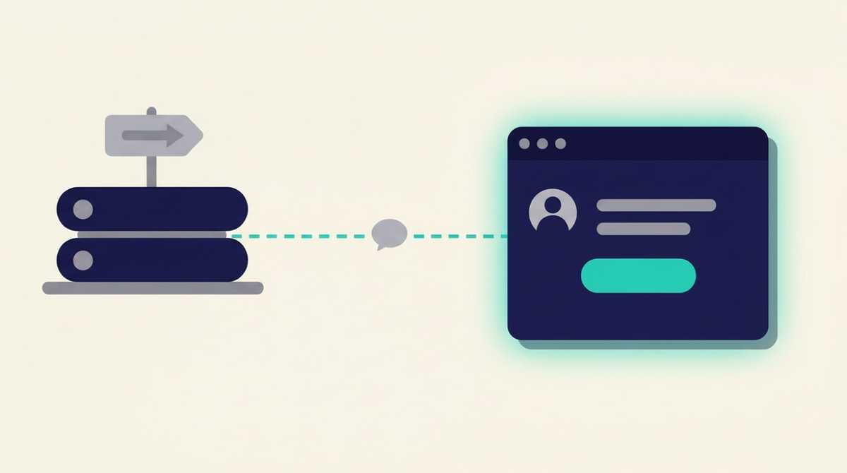 A server with a signpost pointing along a dashed path to a sign-in panel, with an AI client travelling the path between them
