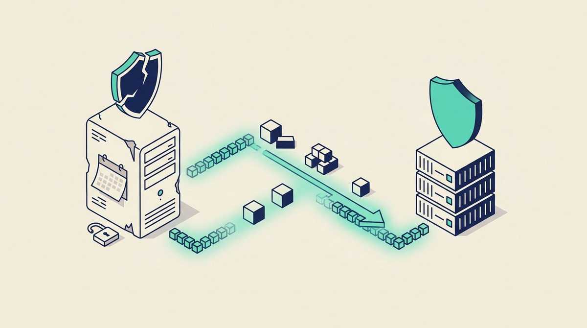 Un vieux serveur au bouclier fissuré et au calendrier périmé, dont les applications sont transportées par un chemin lumineux vers une pile de conteneurs moderne protégée par un bouclier intact