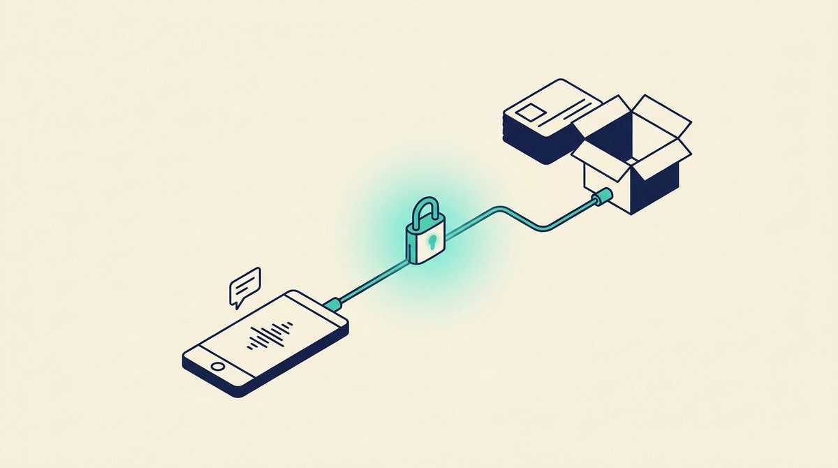 A phone with a chat bubble and a voice wave, connected through a padlocked checkpoint to a stack of contact cards and an order box