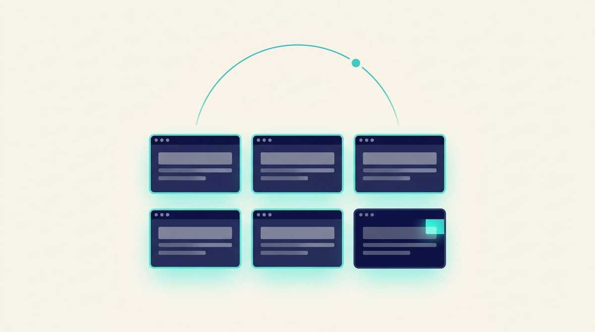 Six fenêtres de navigateur testées selon une planification répétée, cinq au vert et une montrant une différence visuelle détectée