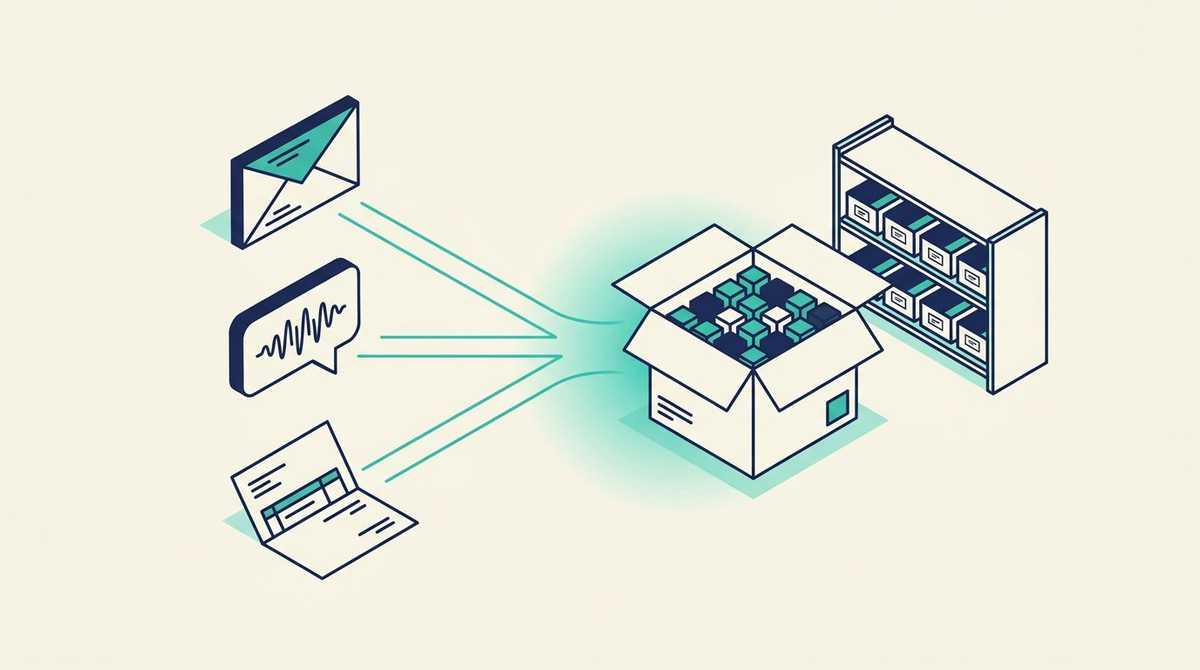 An email, a voice message and a paper purchase order converging into one neatly packed order box beside a catalog shelf