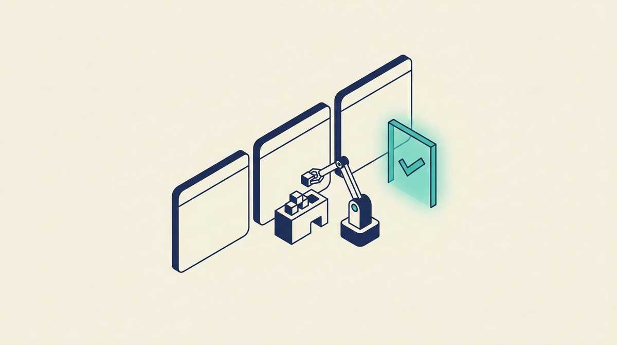 Three browser tabs with a small robot arm moving between them filling a form, stopped by a glowing permission gate before the last tab