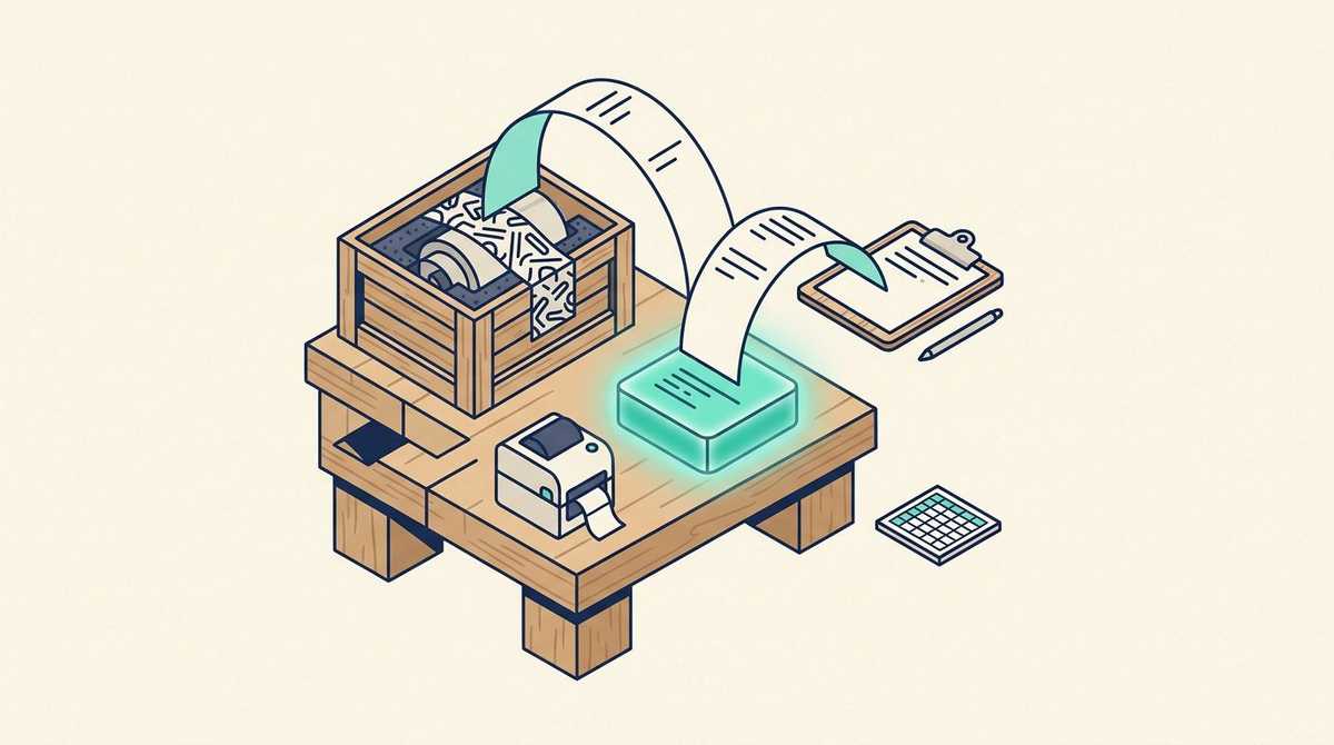 A workshop shipping bench with a crated machine part, a label printer, and one glowing record printing two sheets, one to a clipboard and one into the crate