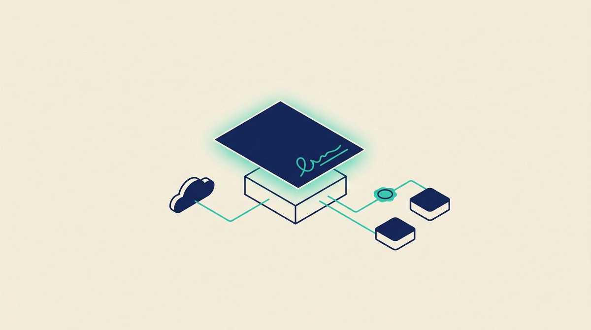A signed document resting on a relay box connected to a cloud on one side and two applications on the other, with a seal on the outgoing line