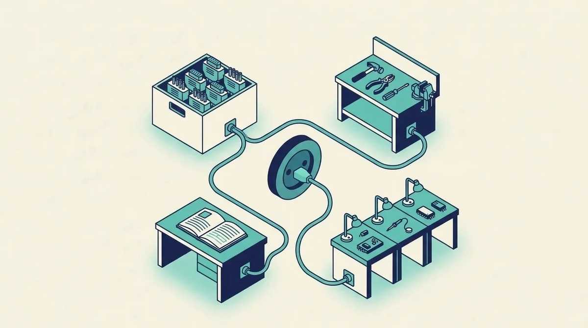 Four different workbenches around one socket: a box of ready-made plugs, a single craftsman's bench, a small workshop with several stations, and an in-house desk with a manual, all wired to the same port